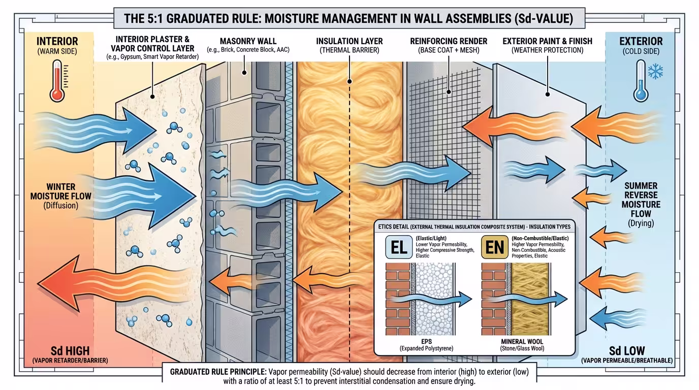 Infographic of the 5:1 rule - graduated Sd resistance from interior to exterior face of the wall