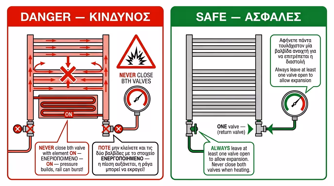 Κανόνας ασφαλείας: μόνο μία βάνα κλειστή - κίνδυνος πίεσης αν κλείσουν και οι δύο