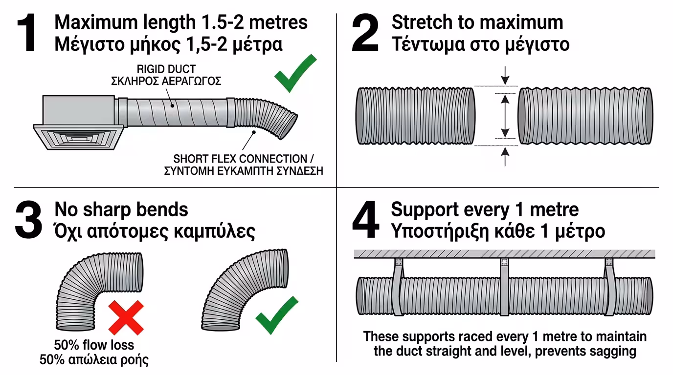Κανόνες εγκατάστασης σπιράλ - μέγιστο μήκος 1.5m, τέντωμα, στήριξη