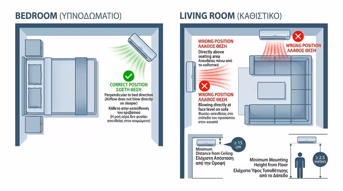Κανόνες τοποθέτησης εσωτερικής μονάδας - πάνω από κεφαλάρι, όχι απέναντι από κρεβάτι