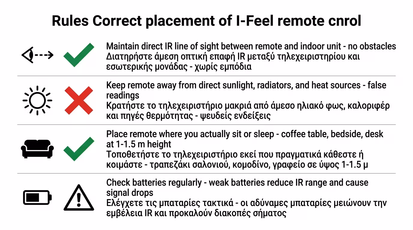 Κανόνες I-Feel - οπτική επαφή IR, μακριά από ήλιο/laptop, σωστή θέση