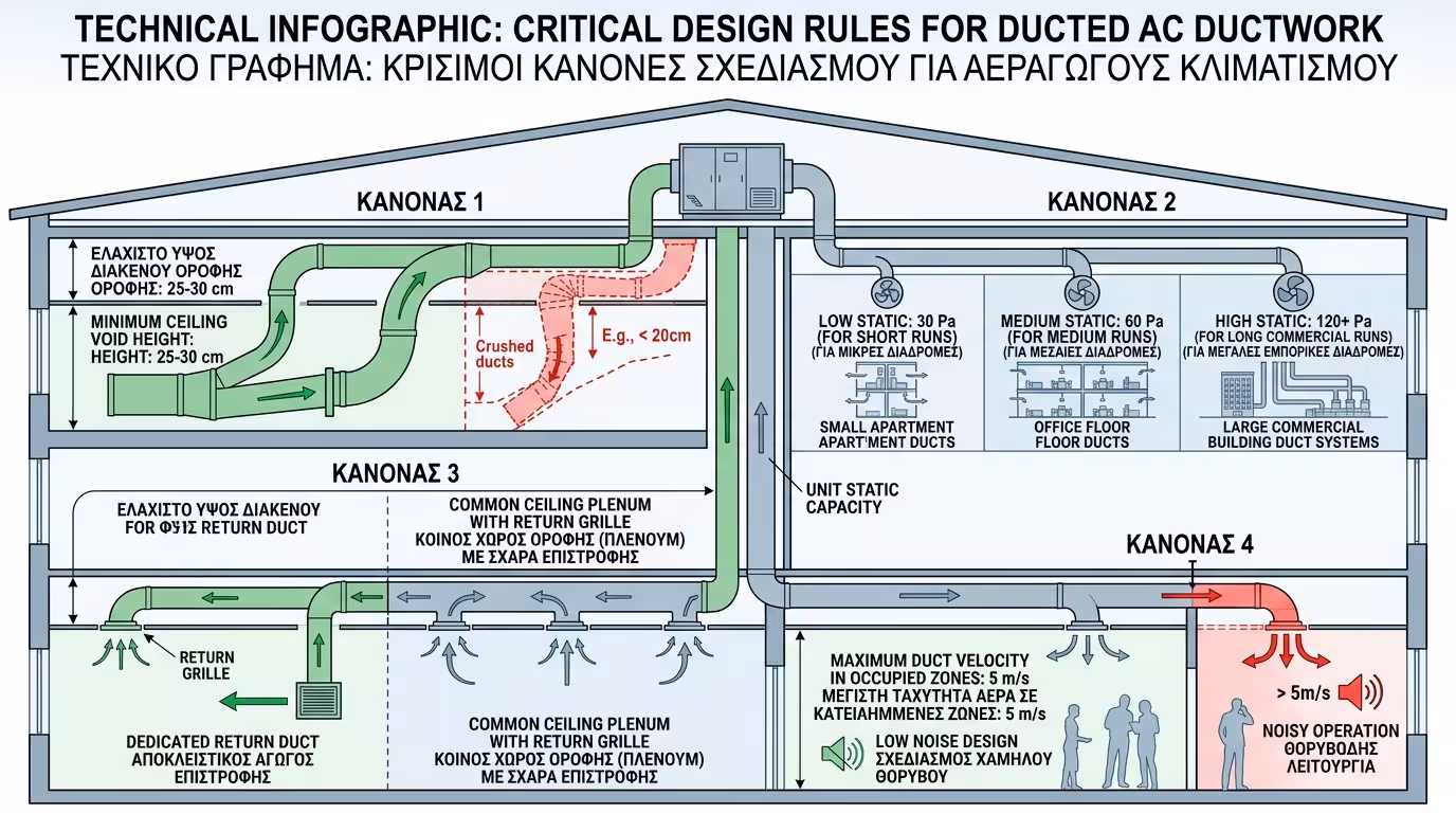 Κανόνες σχεδιασμού καναλάτου - ύψος ψευδοροφής, στατική πίεση, στόμια επιστροφής