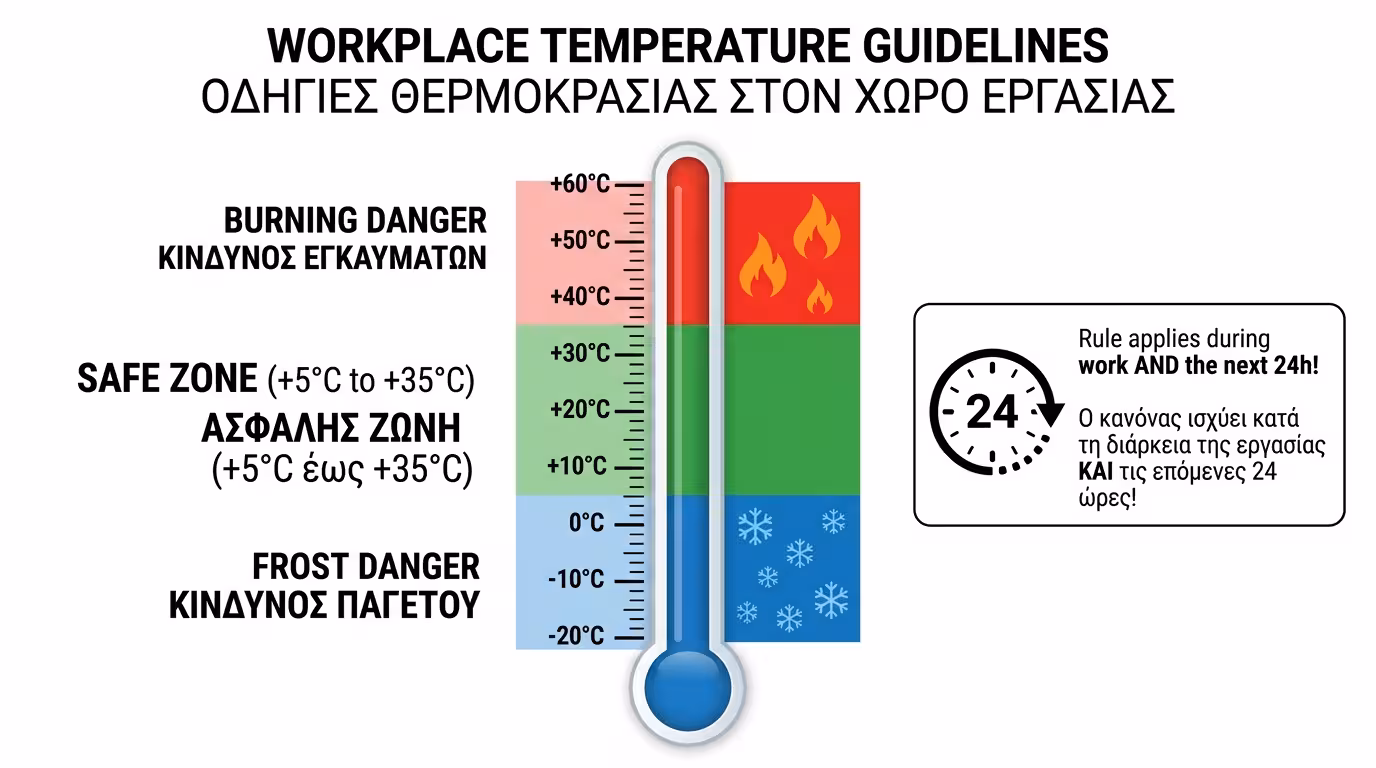 Θερμόμετρο δείχνει ζώνη +5°C έως +35°C - ο χρυσός κανόνας