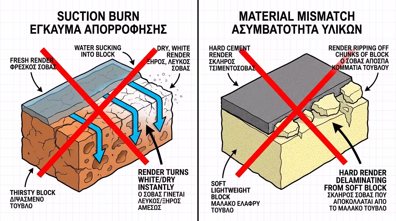 Ξηρό τούβλο ρουφάει νερό - σοβάς νεκρώνεται