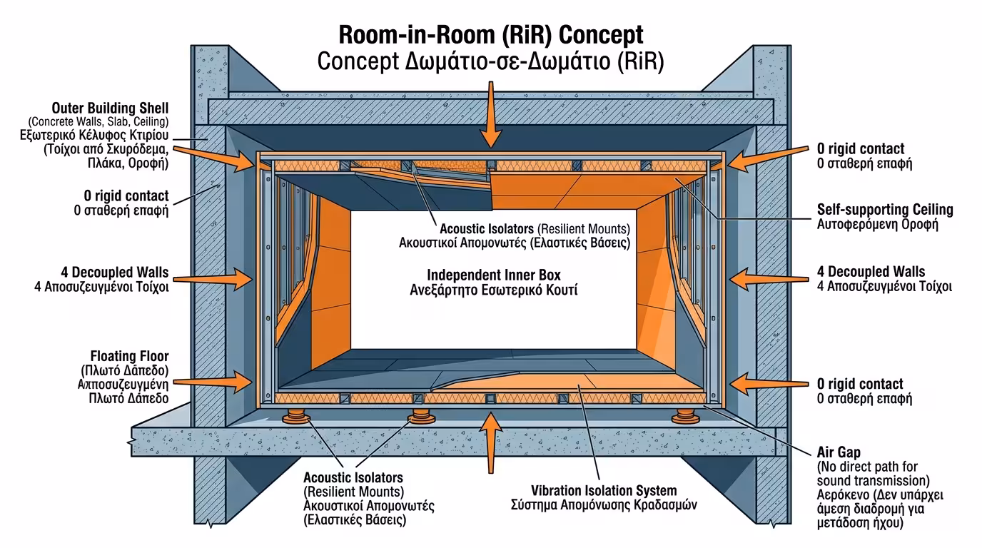 Κατασκευή Room-in-Room: ανεξάρτητο κουτί μέσα σε υπάρχον δωμάτιο με αποσύζευξη 6 επιφανειών