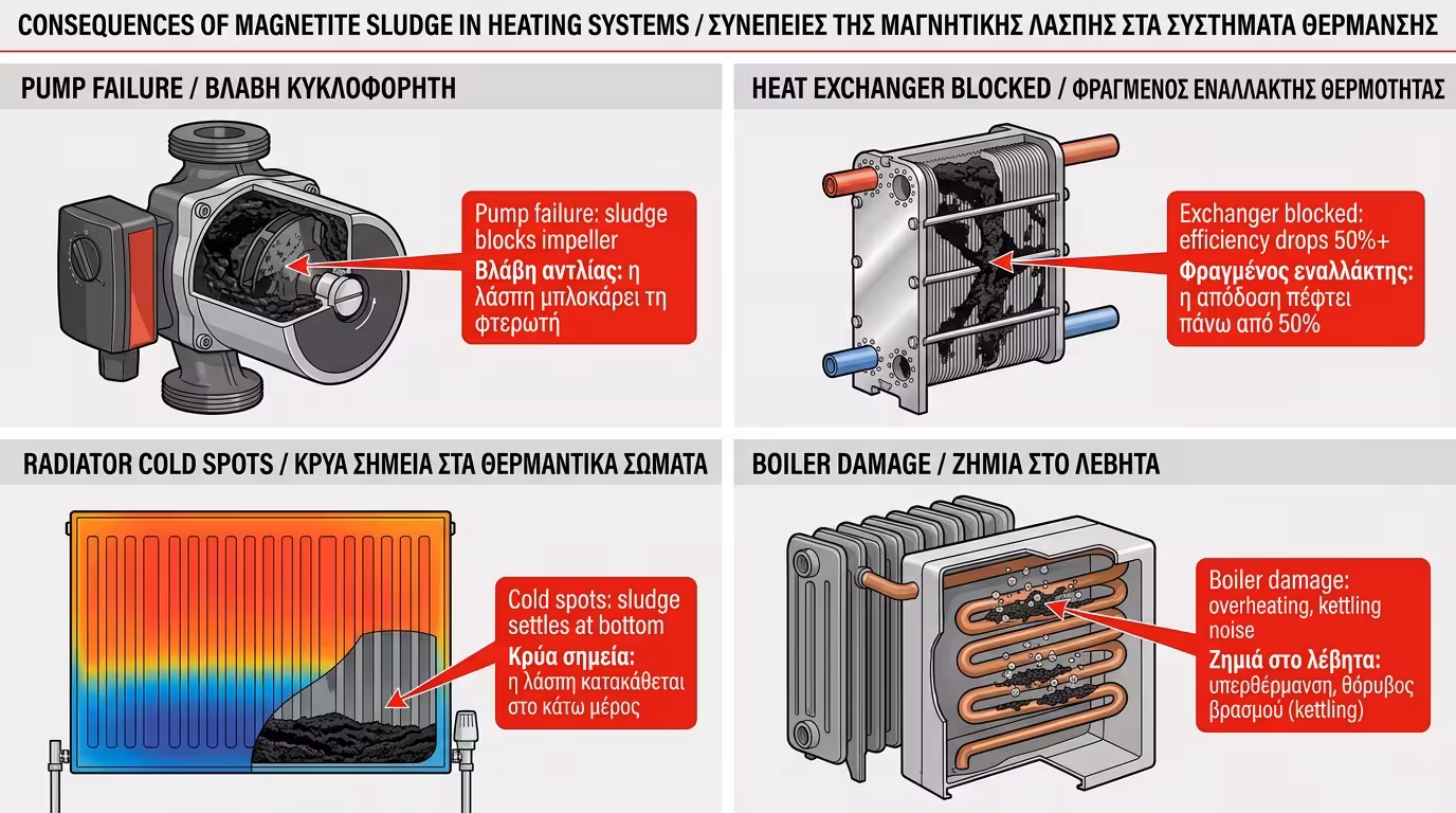 Καταστροφές λάσπης μαγνητίτη: φραγμένος κυκλοφορητής, βουλωμένος εναλλάκτης θερμότητας