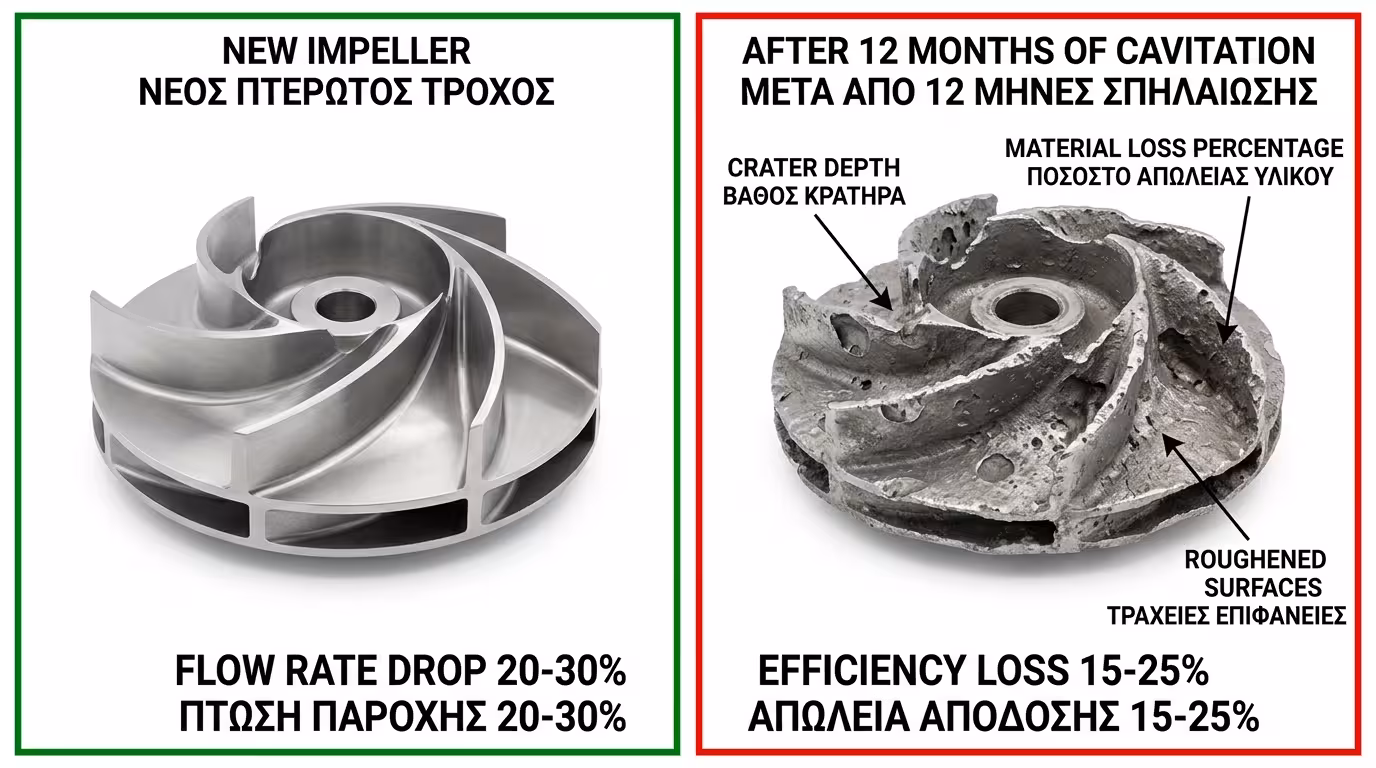 Κατεστραμμένη πτερωτή αντλίας από σπηλαίωση - κρατήρες, αποξέσεις, διάβρωση