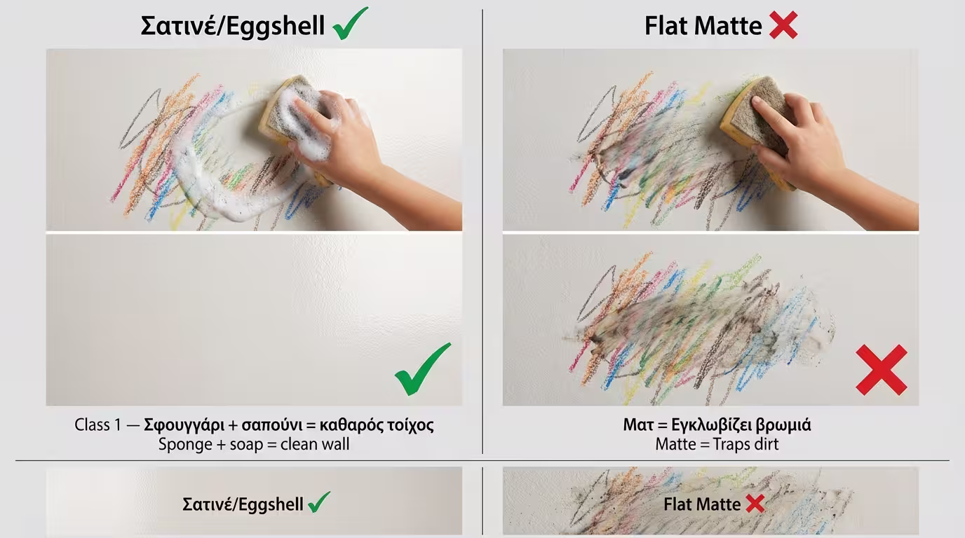 Infographic: Class 1 πλύσιμο + Σατινέ/Eggshell φινίρισμα - μαρκαδόροι, σοκολάτες, λάσπες