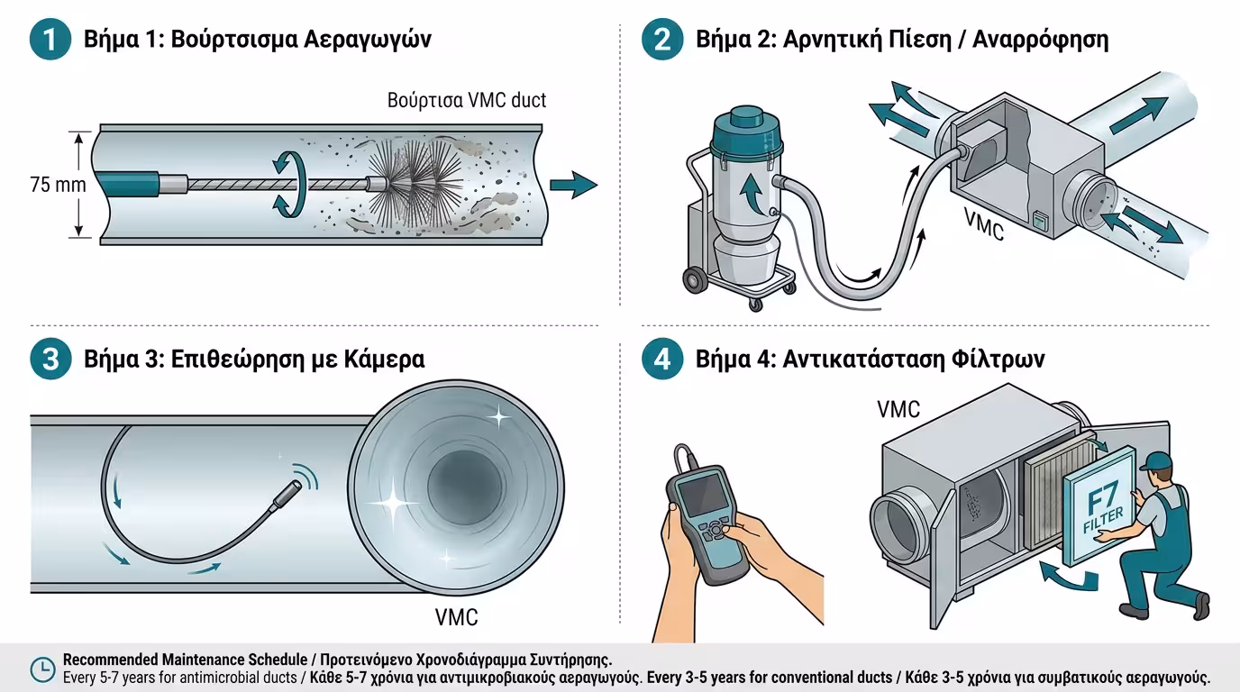 Καθαρισμός αεραγωγών VMC - περιστροφική βούρτσα, σκούπα κενού, στόμιο ψευδοροφής