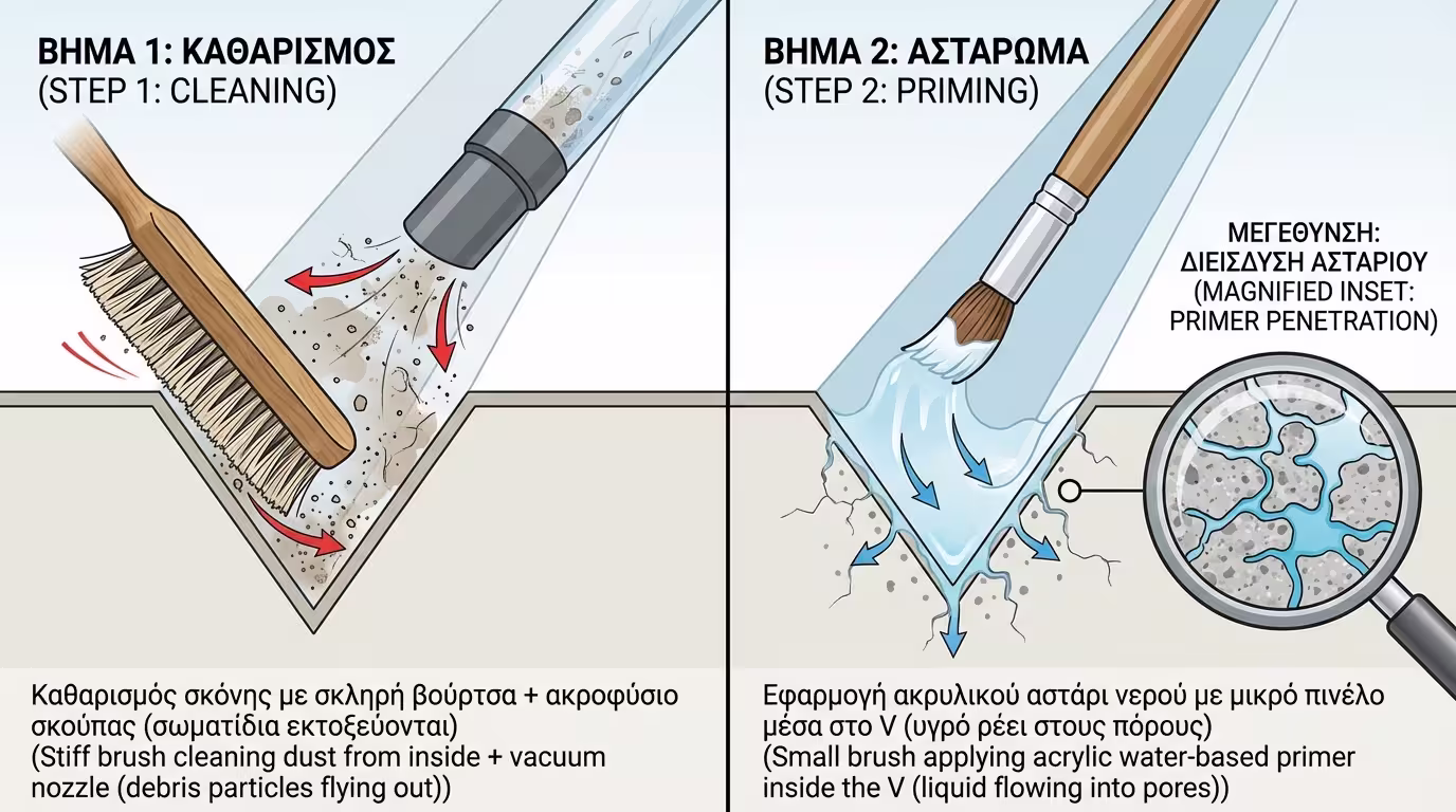 Πινέλο ξεσκονίζει V-ρωγμή, ακρυλικό αστάρι εφαρμόζεται στο εσωτερικό με πινελάκι