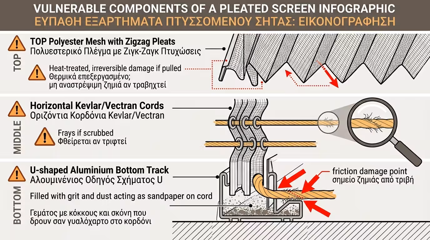 Καθαρισμός κάτω οδηγού σίτας πλισέ - αφαίρεση σκόνης