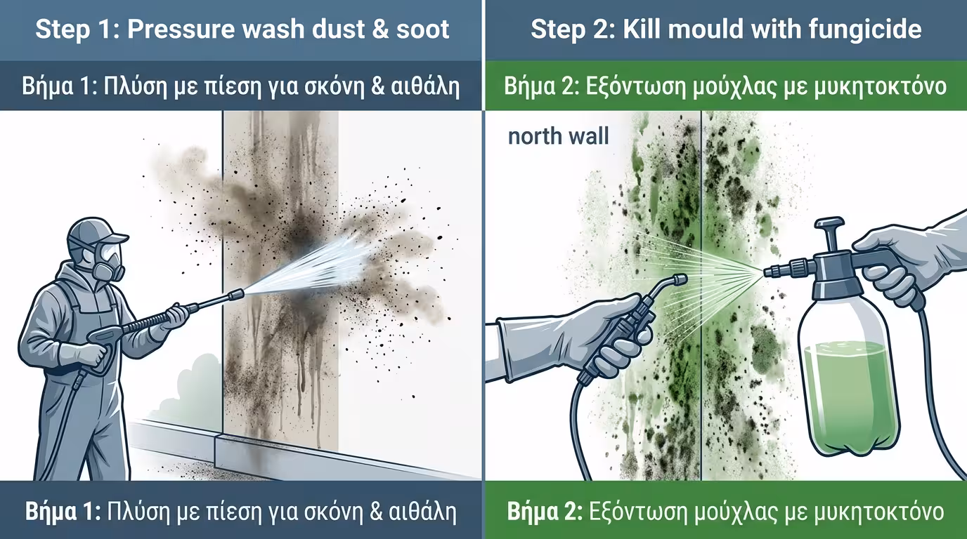 Καθαρισμός τοίχου - πλύσιμο με πιεστικό, μυκητοκτόνα