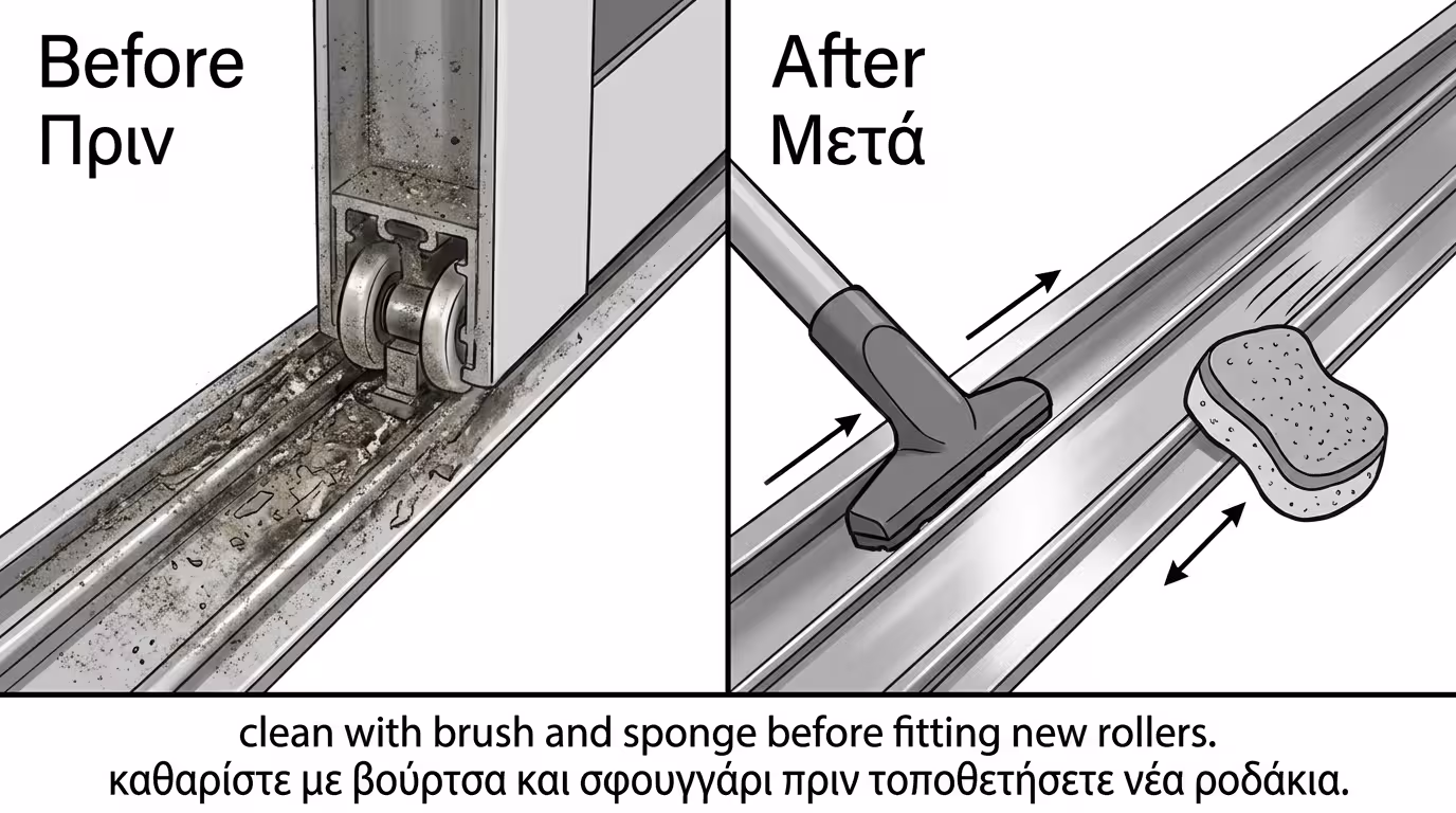 Καθαρισμός κάτω οδηγού (ράγας) με σκούπα και σφουγγάρι