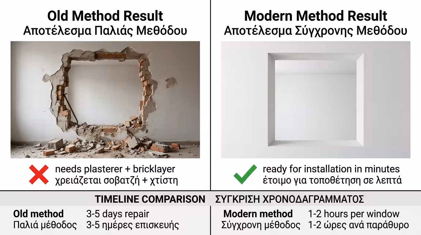 Καθαρό άνοιγμα τοίχου μετά αφαίρεση κάσας, έτοιμο για νέο κούφωμα