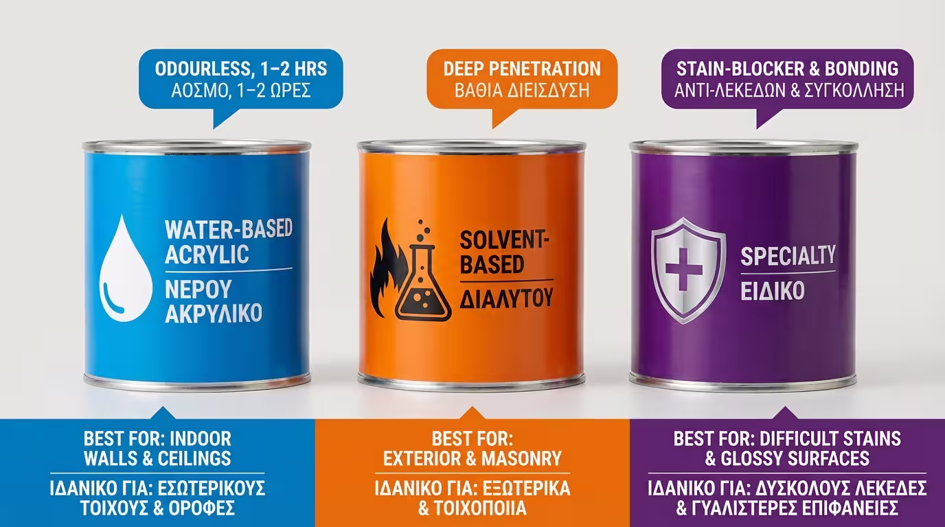 Infographic: 3 κατηγορίες ασταριών - ακρυλικά νερού, διαλύτου, ειδικά/υβριδικά