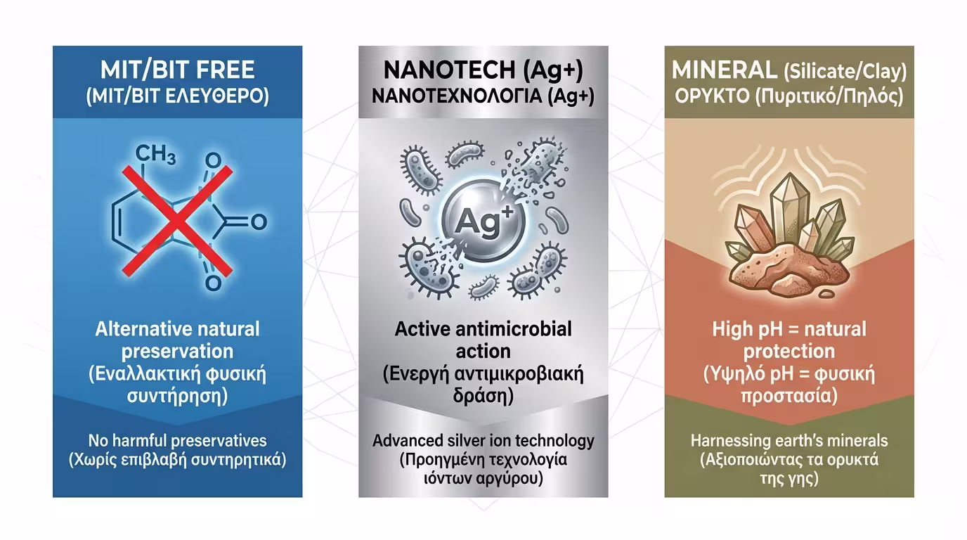 Infographic: 3 κατηγορίες - MIT-free, Νανοτεχνολογία Ag+, Ορυκτά