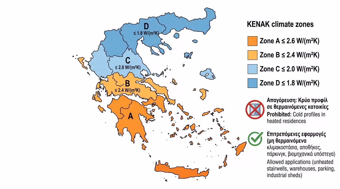 Κλιματικές ζώνες ΚΕΝΑΚ - όρια Uw ανά ζώνη
