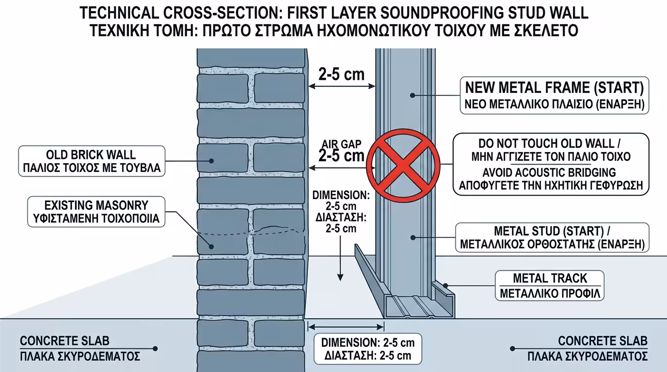 Κενό αέρα 2-5 cm - η απόσταση ασφαλείας μεταξύ παλιού τοίχου και νέου σκελετού