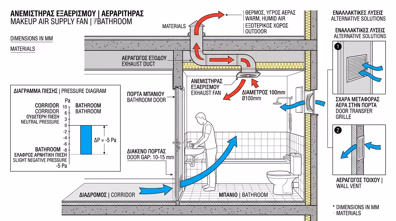 Κενό κάτω από πόρτα μπάνιου - makeup air, διαγώνια ροή φρέσκου αέρα