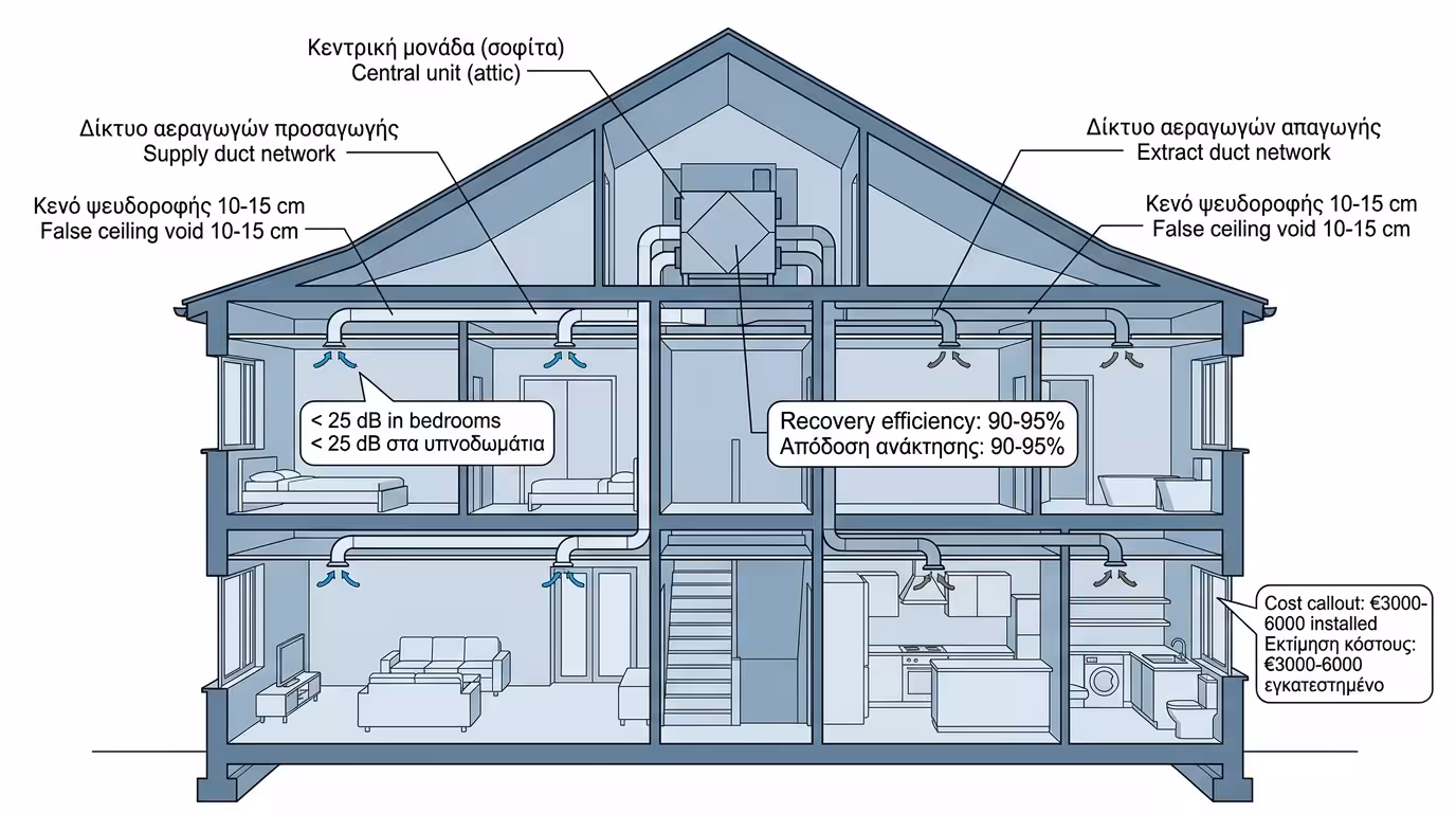 Κεντρικό σύστημα VMC - μονάδα στο πατάρι, δίκτυο αεραγωγών, ψευδοροφή γυψοσανίδα