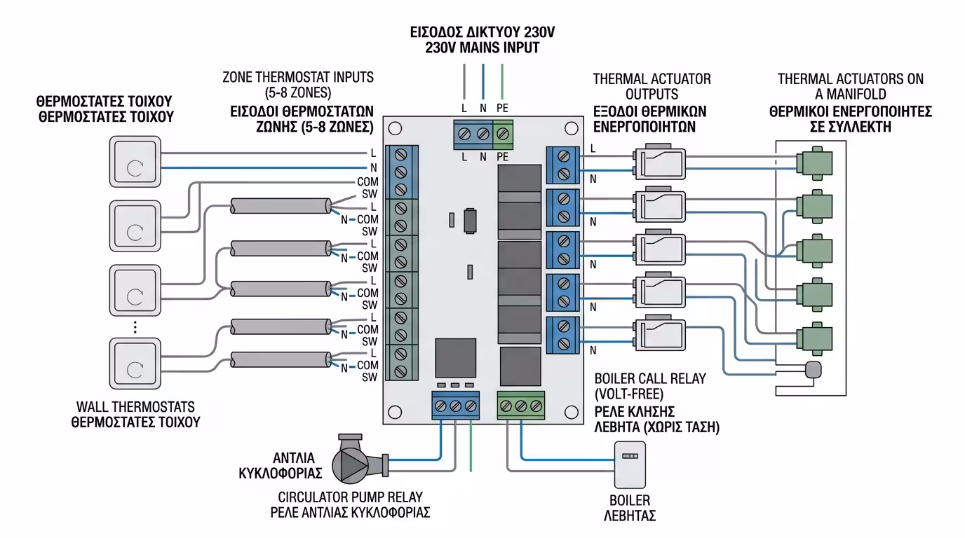 Κέντρο καλωδίωσης - πλακέτα, ρελέ κυκλοφορητή, εντολή αντλίας θερμότητας