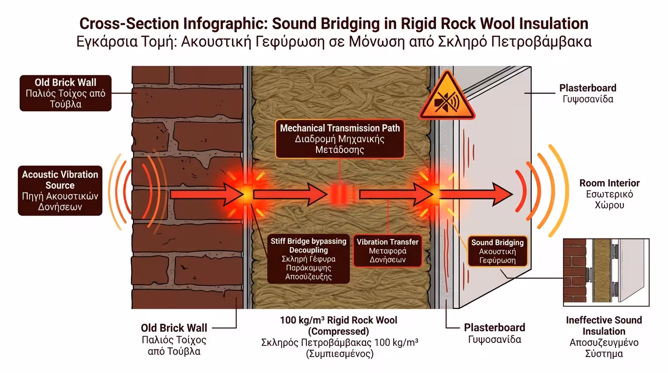 100 kg/m³ σκληρός πετροβάμβακας: δόνηση μεταφέρεται ως ηχογέφυρα στη γυψοσανίδα