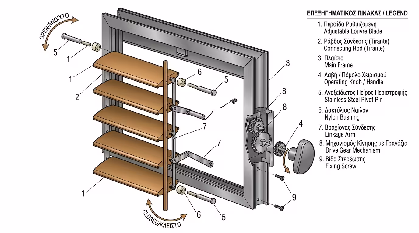 Κινητές (περιστρεφόμενες) περσίδες αλουμινίου - μηχανισμός ντίζας και μοχλού ρύθμισης