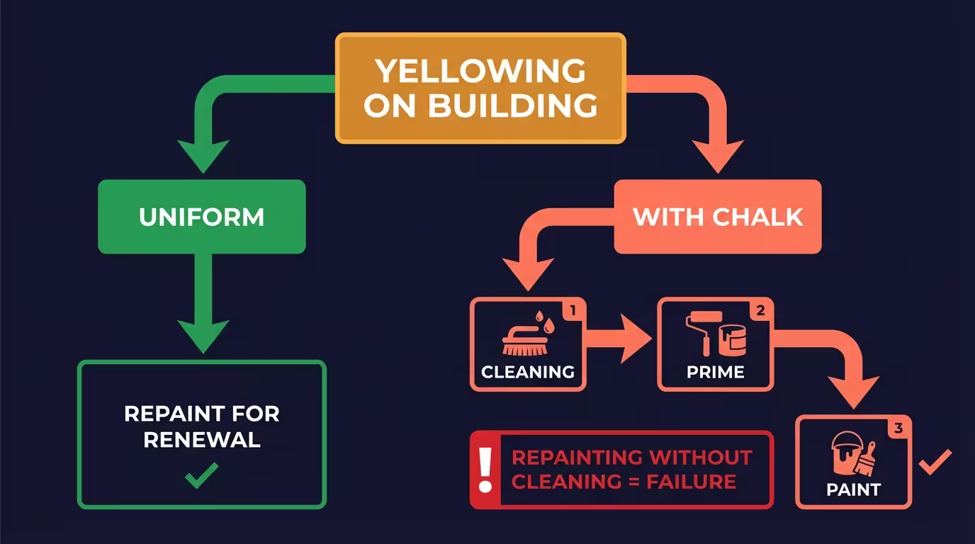 Decision diagram: uniform yellowing → repaint vs chalking → clean + prime + paint