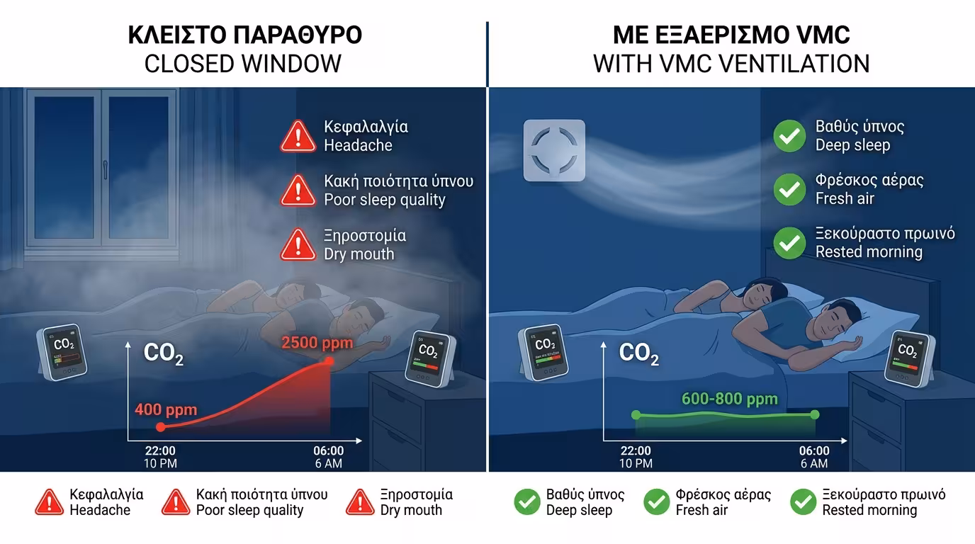 Κλειστό υπνοδωμάτιο τη νύχτα - CO₂ ανεβαίνει στα 2500 ppm, ρηχός ύπνος