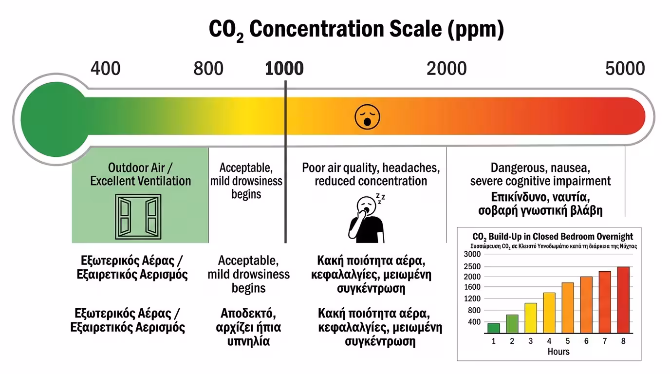 Κλίμακα CO₂ - 400-800 ppm ιδανικό, 1000 ppm όριο, 2000+ ppm κίνδυνος SBS