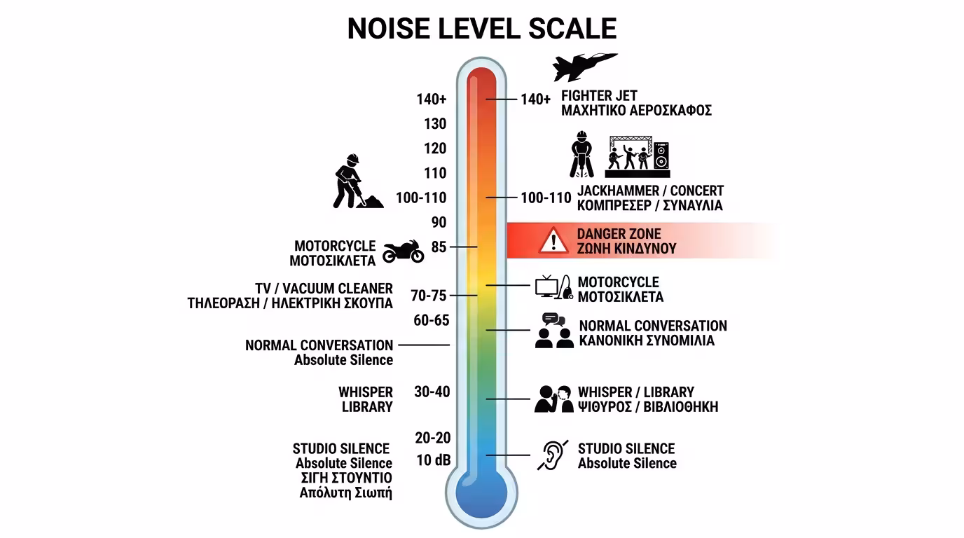 Κλίμακα θορύβου - από 10 dB ψίθυρου ως 140 dB μαχητικού αεροσκάφους