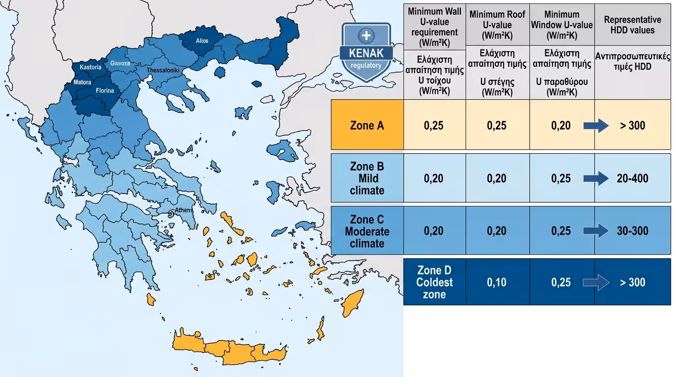 Χάρτης 4 κλιματικών ζωνών Ελλάδας - ΚΕΝΑΚ Α, Β, Γ, Δ, μόνωση ανά ζώνη