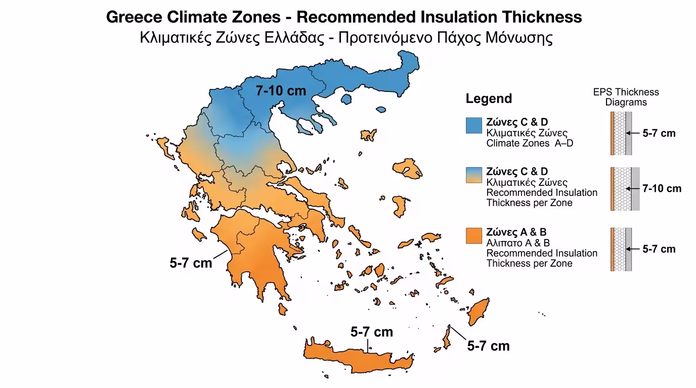 Κλιματικές Ζώνες Ελλάδας - ιδανικό πάχος μόνωσης