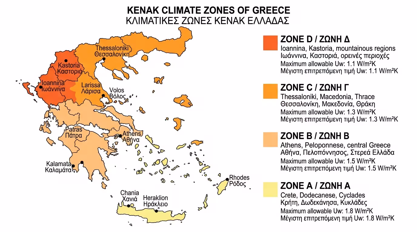 Χάρτης κλιματικών ζωνών Ελλάδας κατά ΚΕΝΑΚ - Ζώνες Α, Β, Γ, Δ