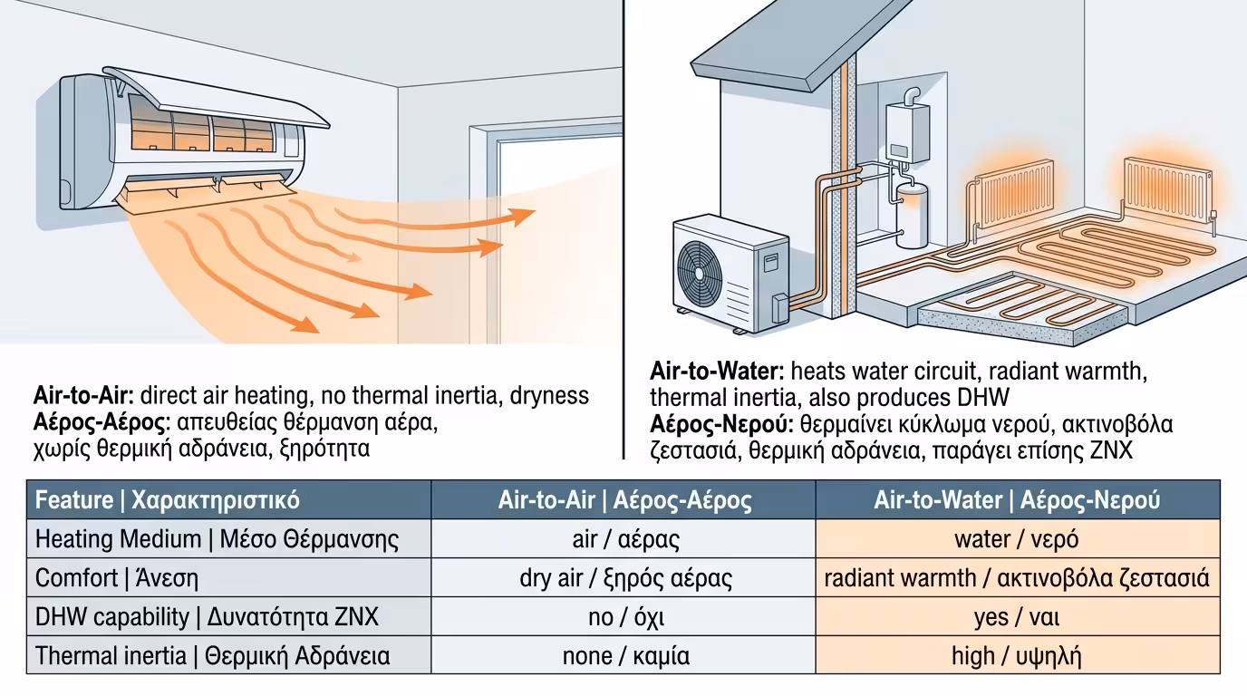 Σύγκριση κλιματιστικού αέρα-αέρα με κεντρική αντλία θερμότητας αέρος-νερού