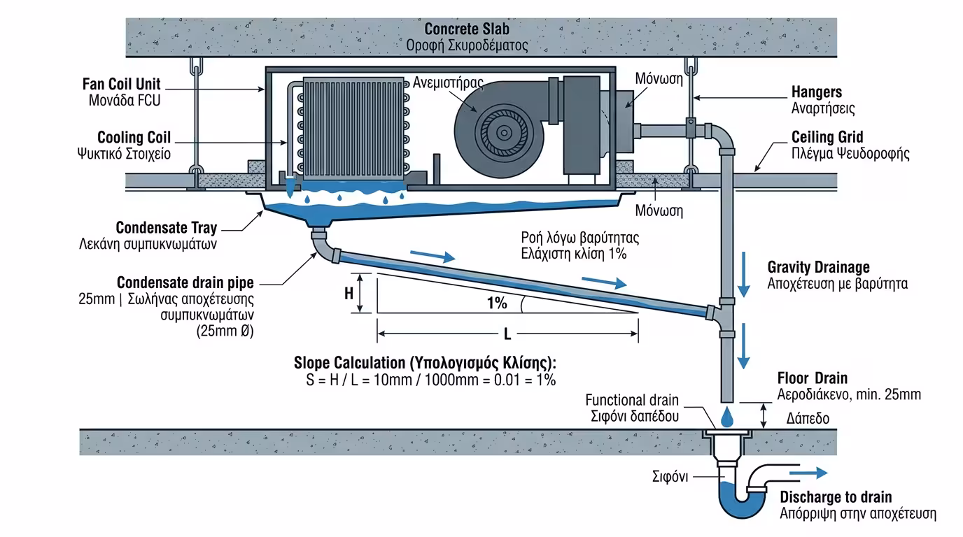 Σωλήνας αποχέτευσης Fan Coil με σωστή κατηφορική κλίση 1-2% - φυσική ροή νερού