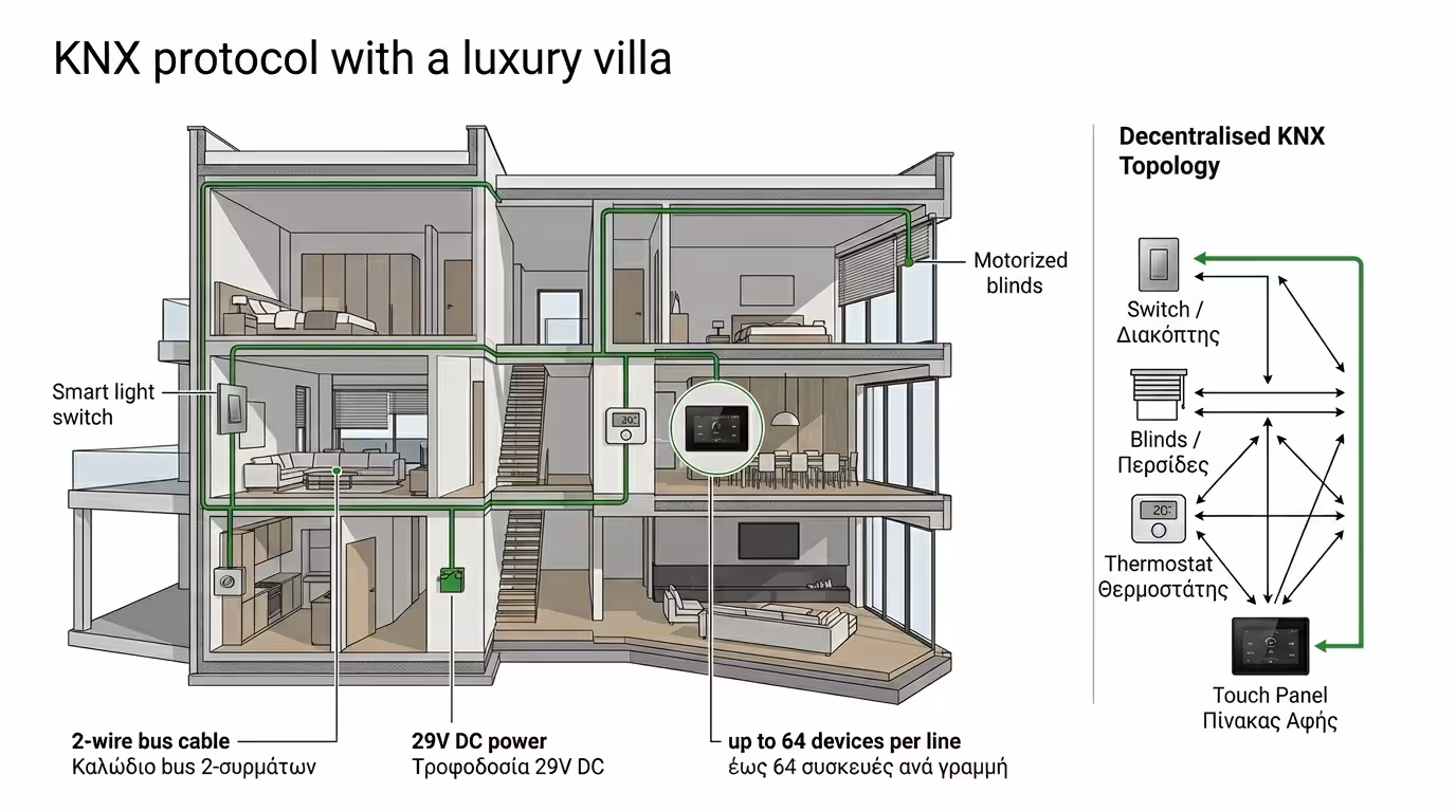 KNX πράσινο καλώδιο - γυάλινος διακόπτης, βίλα, αποκεντρωμένο σύστημα