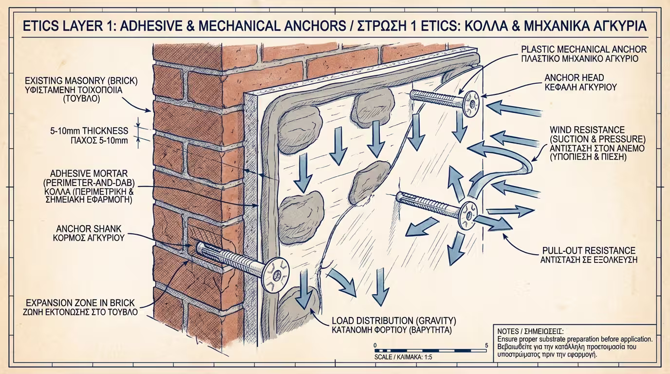 Εφαρμογή κόλλας ETICS και πλαστικών βυσμάτων σε εξωτερικό τοίχο