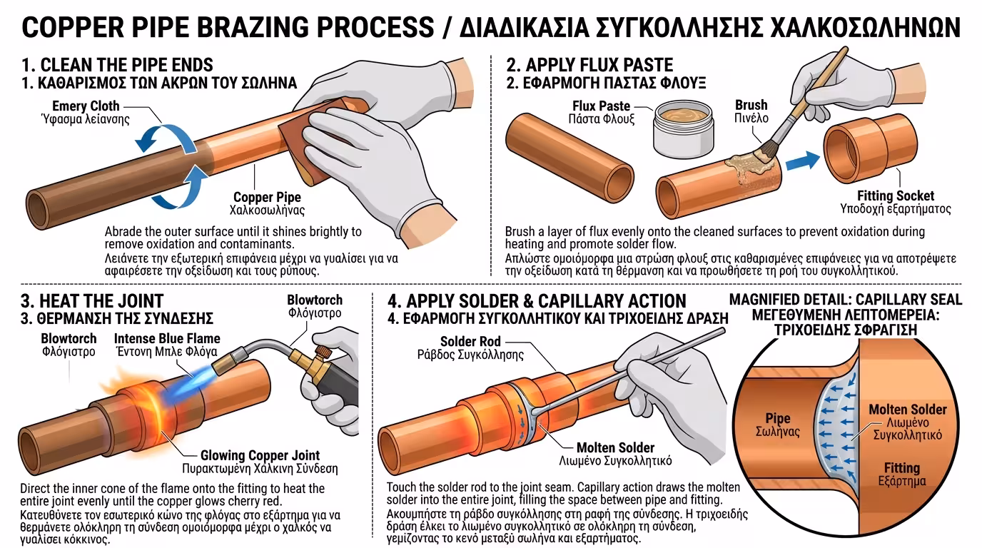 Κόλληση χαλκοσωλήνα με φλόγιστρο - συγκόλληση κασσιτέρου, τριχοειδές φαινόμενο