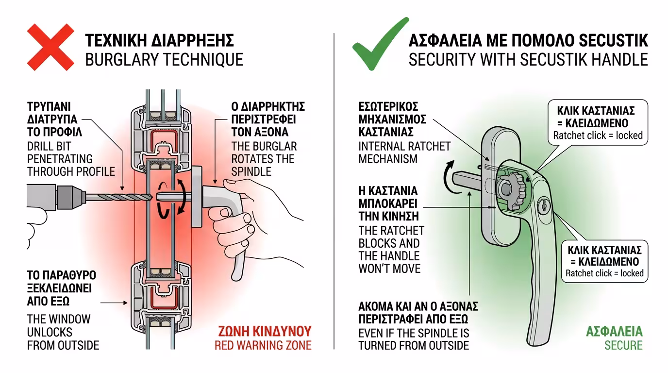 Μέθοδος drilling - διαρρήκτης τρυπάει το προφίλ αλουμινίου πίσω από το χερούλι