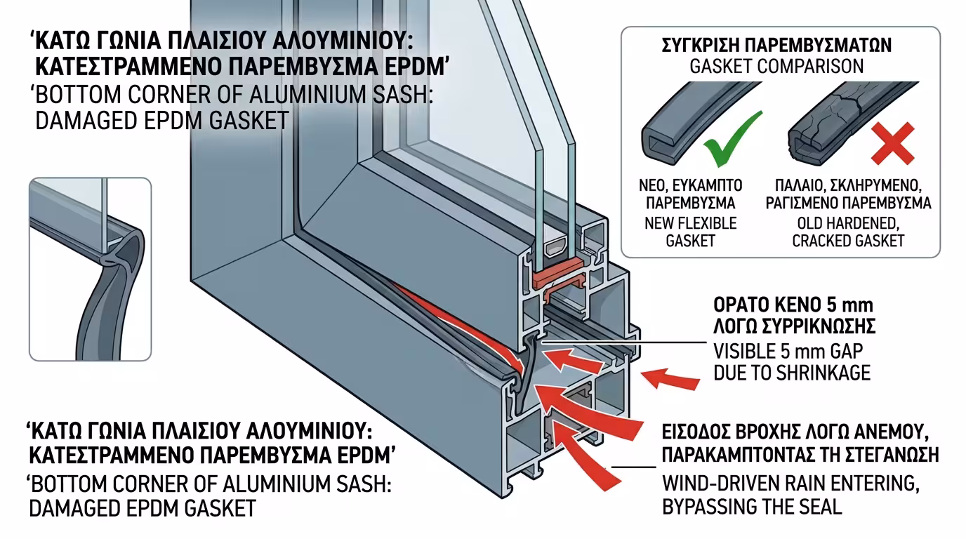 Κομμένο ή συρρικνωμένο λάστιχο EPDM στη γωνία φύλλου κουφώματος - κενό αέρα