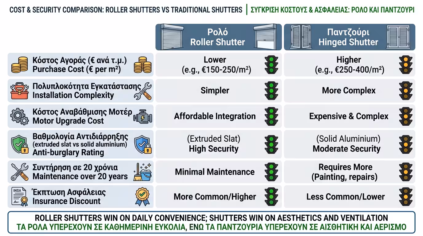 Σύγκριση κόστους και ασφάλειας ρολών vs παντζουριών - φυλλαράκια διέλασης και κλειδαριές