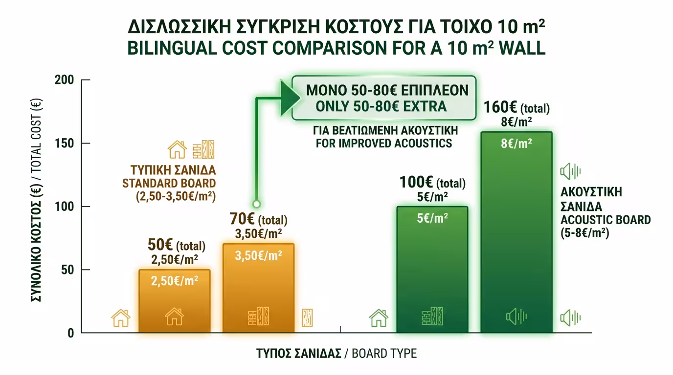 Κόστος: απλή 2,5-3,5€/τ.μ. vs ακουστική 5-8€/τ.μ. - διαφορά μόλις 50-80€ ανά τοίχο