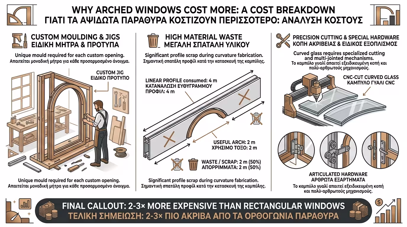 Κόστος τοξωτού παραθύρου - ειδικό καλούπι, φύρα υλικού, CNC κοπή καμπύλων τζαμιών
