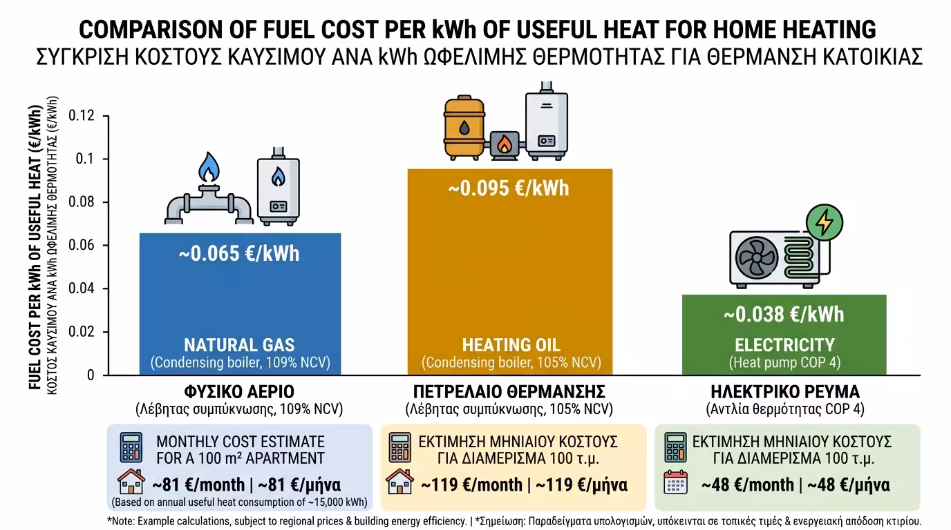 Κόστος καυσίμου ανά kWh - σύγκριση σε γράφημα