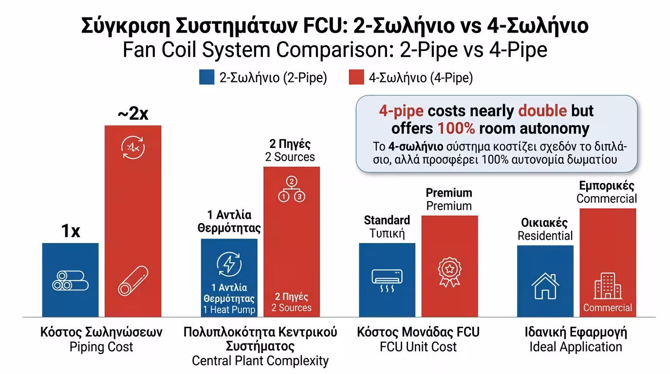 Σύγκριση κόστους και πολυπλοκότητας 2-σωλήνιων vs 4-σωλήνιων Fan Coils