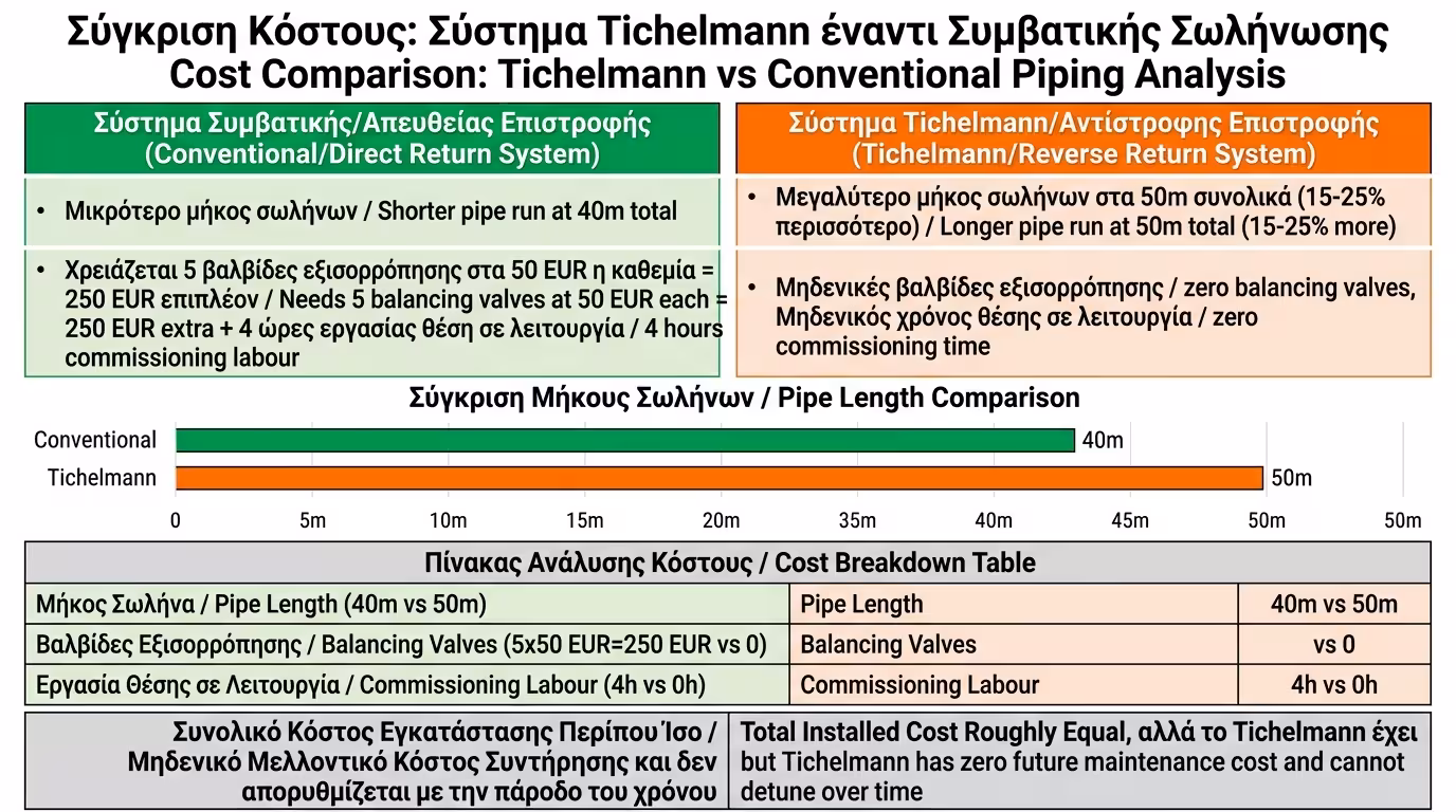Κόστος σωλήνωσης Tichelmann vs κλασική - σύγκριση μέτρων σωλήνα
