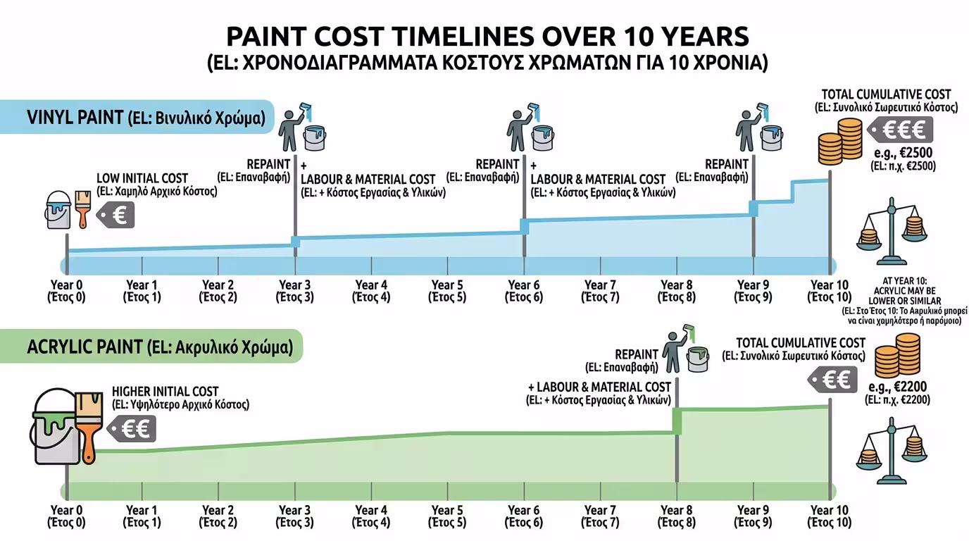 Ινφογκράφικ κόστους: αρχική τιμή πλαστικού vs ακρυλικού, συνυπολογίζοντας συχνότητα αναβαφής