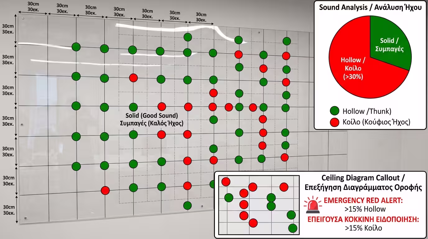 Σφυράκι κάθε 30cm σε τοίχο - κούφιος ήχος σε μεγάλες πλάκες