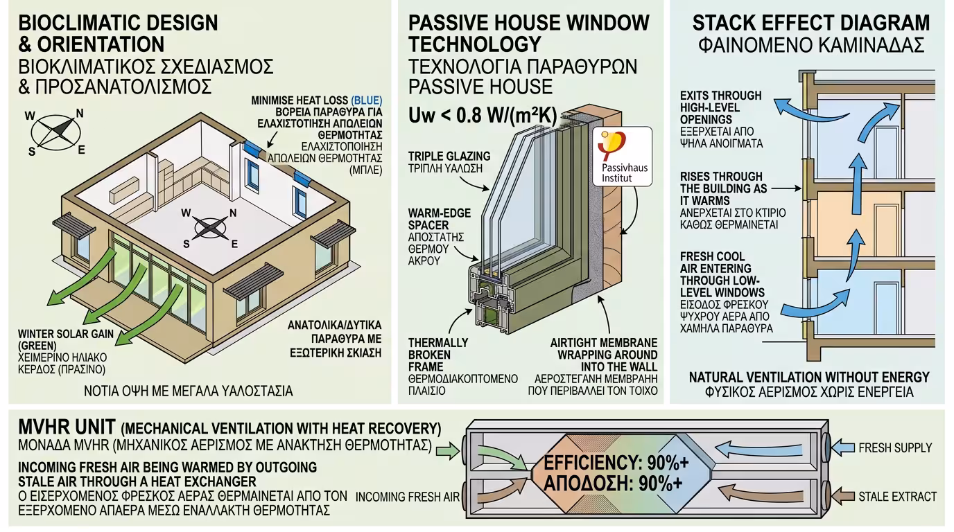 Ινφογκράφικ Passive House - προσανατολισμός, MVHR, φαινόμενο καμινάδας, adaptive